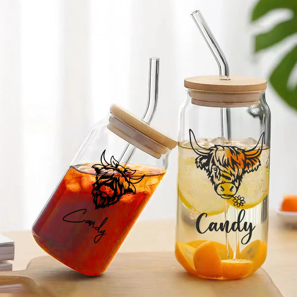 Personalized Highland Cow Tumbler with Name Clear Can Glass