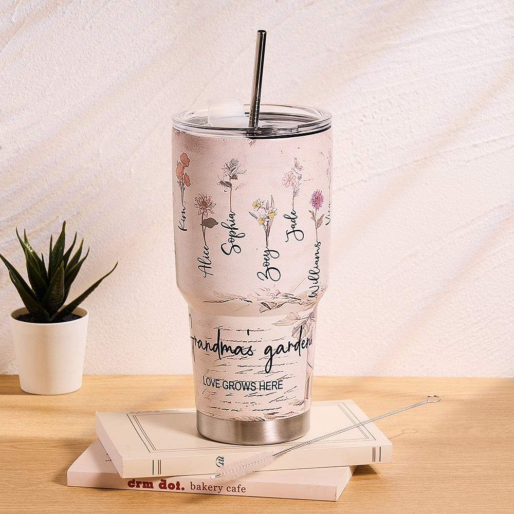 Custom 30oz Insulated Tumbler with Watercolor Birth Flower Name Text