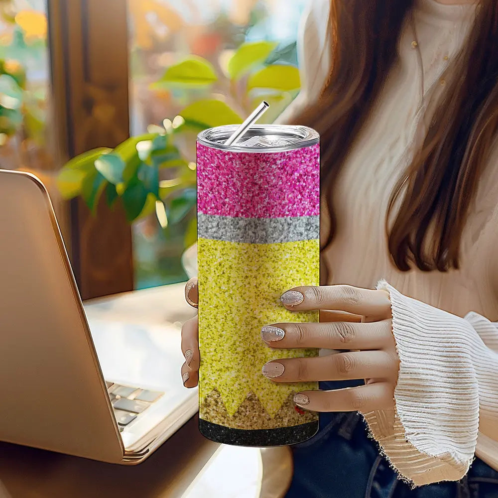 Personalized Glitter Apple 20oz Skinny Tumbler with Straw