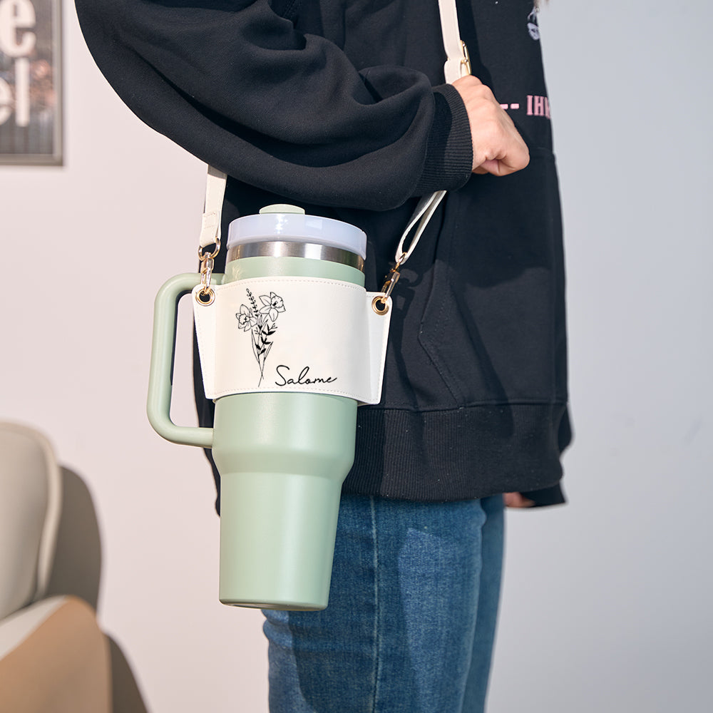 40oz Personalized Birth Flower Water Bottle Carrier Bag