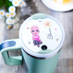 40oz Personalized Cartoon Girl Birth Flower Tumbler Name Tag Lid Topper