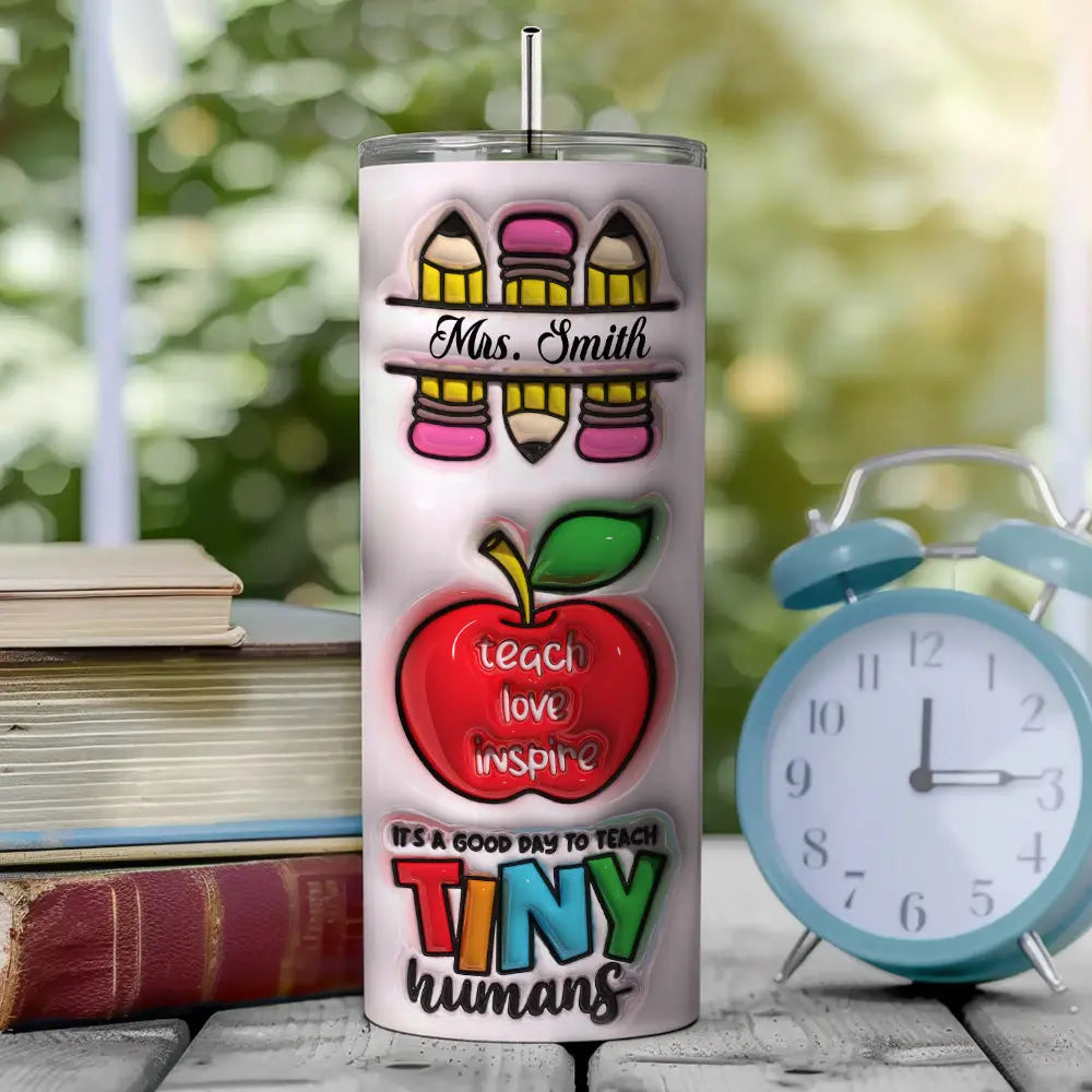 Personalized 3D Inflated Effect Apple Pencil Rainbow Design 20oz Skinny Tumbler Lid and Straw