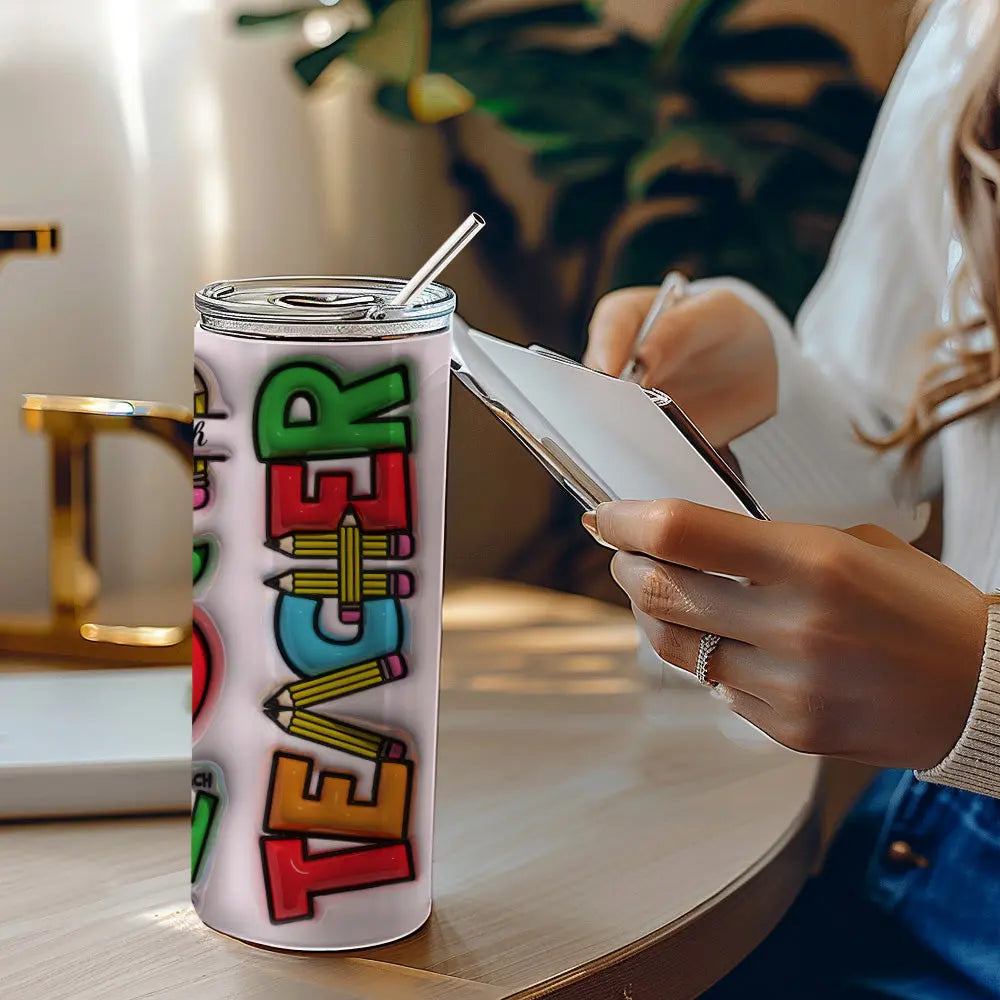 Personalized 3D Inflated Effect Apple Pencil Rainbow Design 20oz Skinny Tumbler Lid and Straw