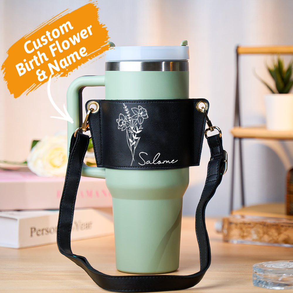 40oz Personalized Birth Flower Water Bottle Carrier Bag