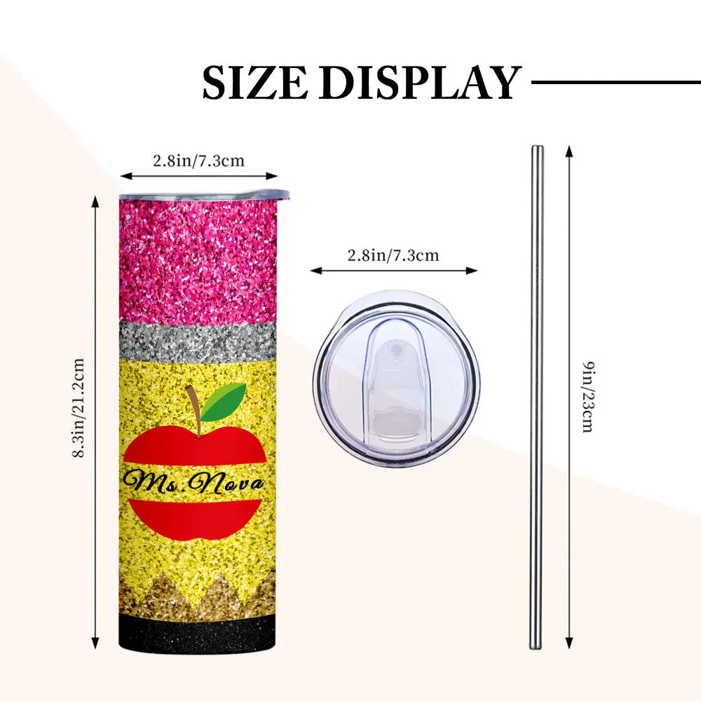 Personalized Glitter Apple 20oz Skinny Tumbler with Straw