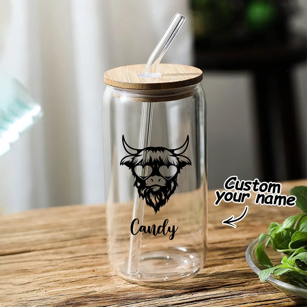 Personalized Highland Cow Tumbler with Name Clear Can Glass