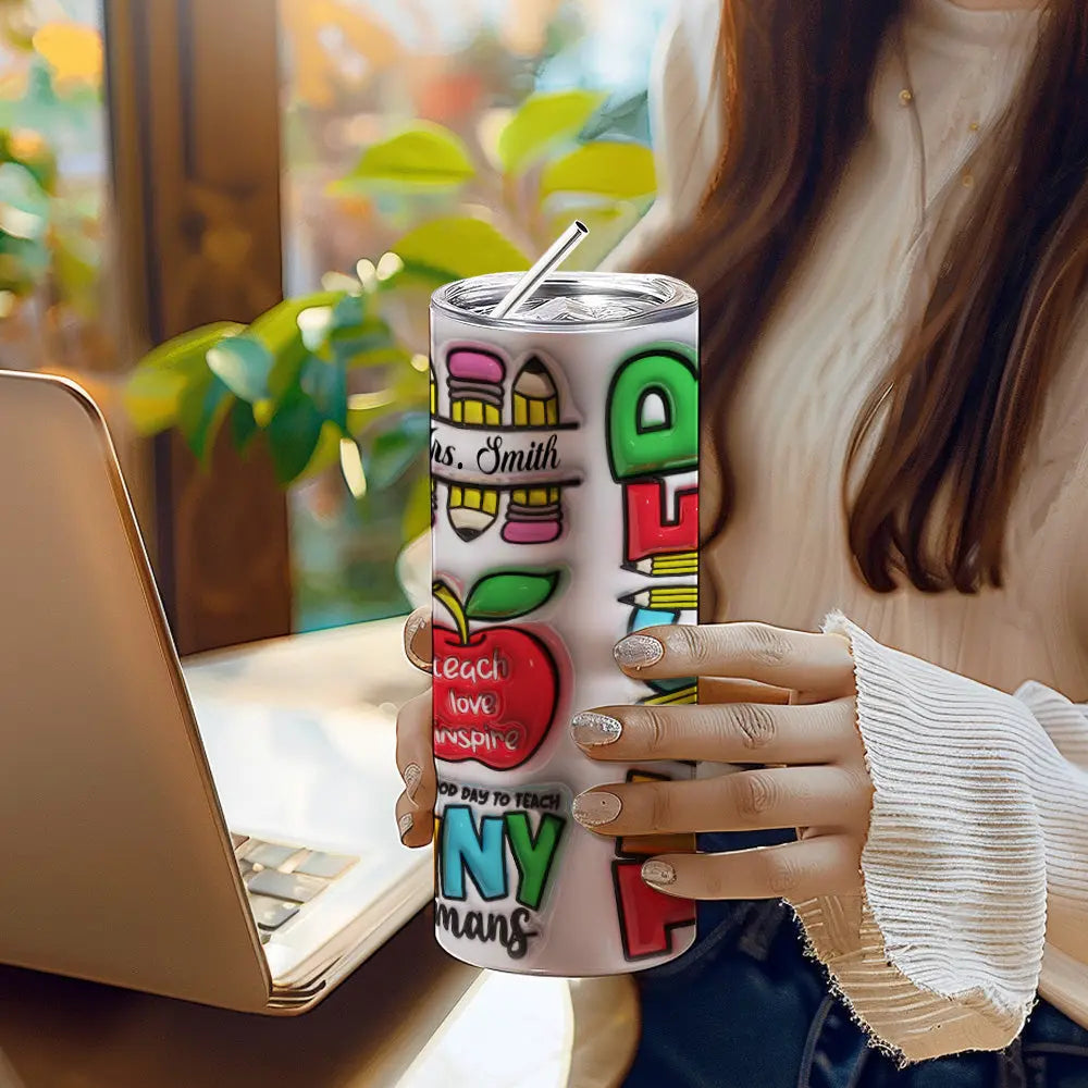 Personalized 3D Inflated Effect Apple Pencil Rainbow Design 20oz Skinny Tumbler Lid and Straw