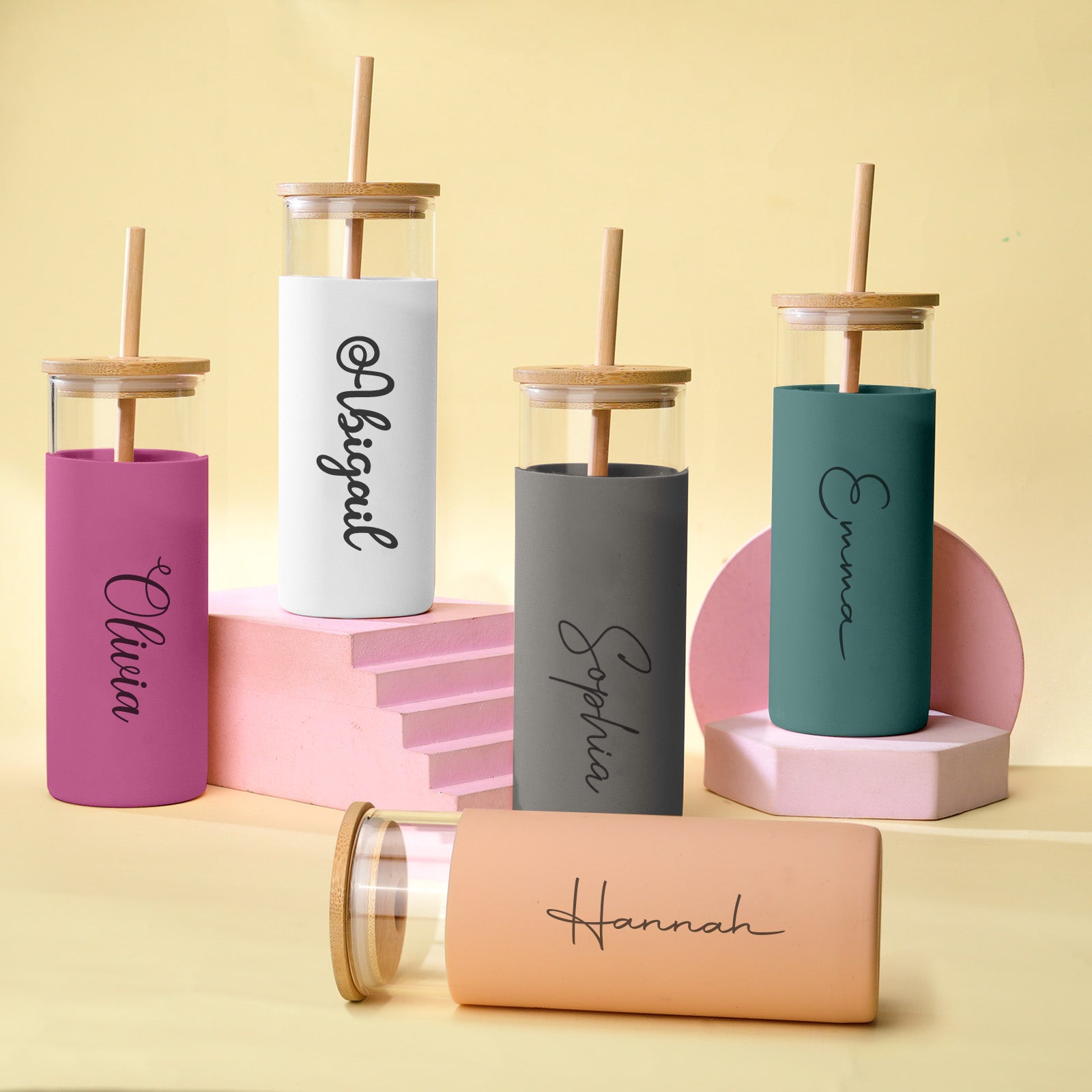 Personalized Name 17oz Glass Tumbler Coffee Tumbler with Engraved Wood Lid Silicone Case and Straw