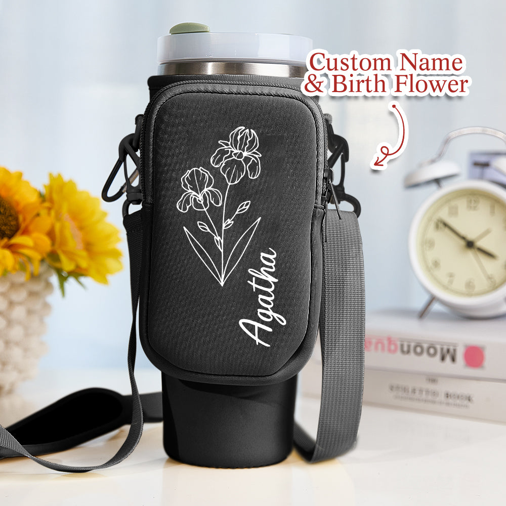 40oz Personalized Birth Flower Waterproof Bottle Carrier Bag