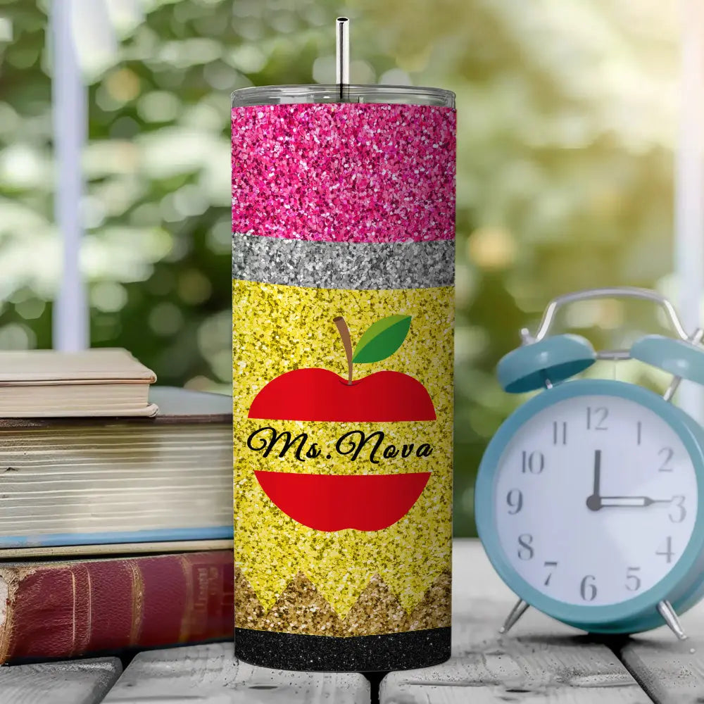 Personalized Glitter Apple 20oz Skinny Tumbler with Straw