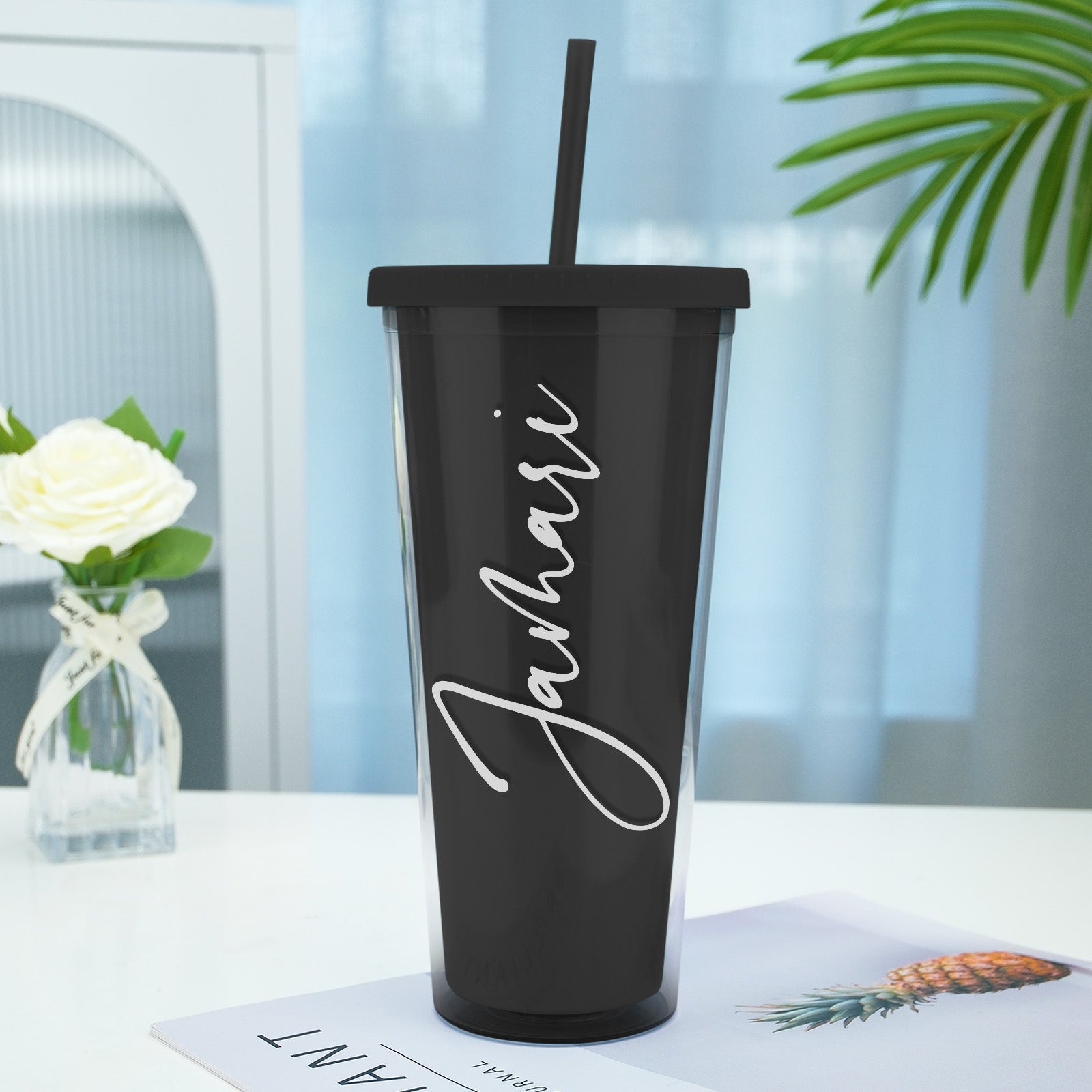 Personalized Name Black Plastic Tumbler with Straw