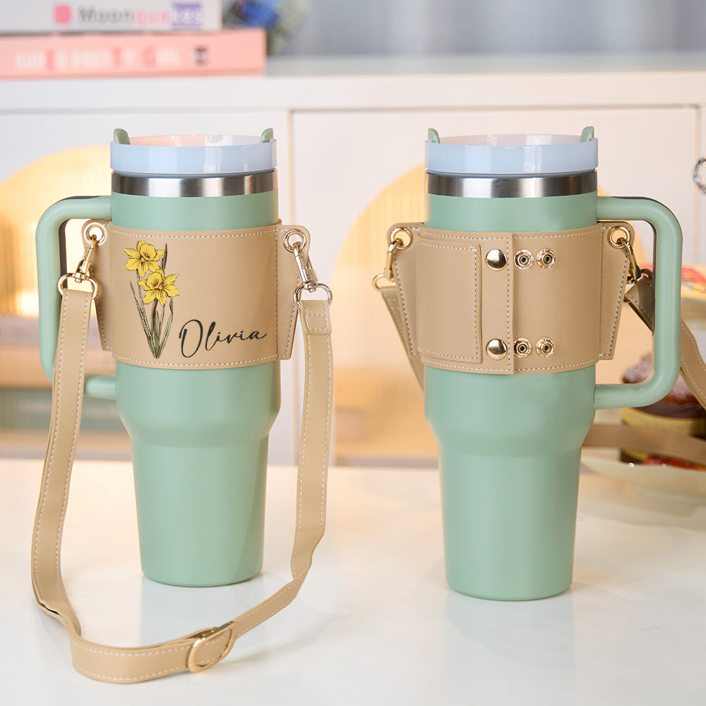 40oz  Personalized Birth Flower Water Bottle Carrier Bag