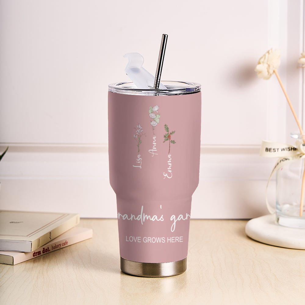 Custom 30oz Insulated Tumbler with Watercolor Birth Flower Name Text