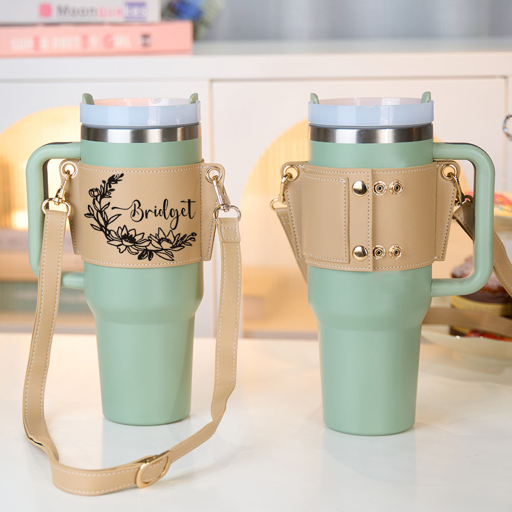 40oz Personalized Floral Pattern Water Bottle Carrier Bag