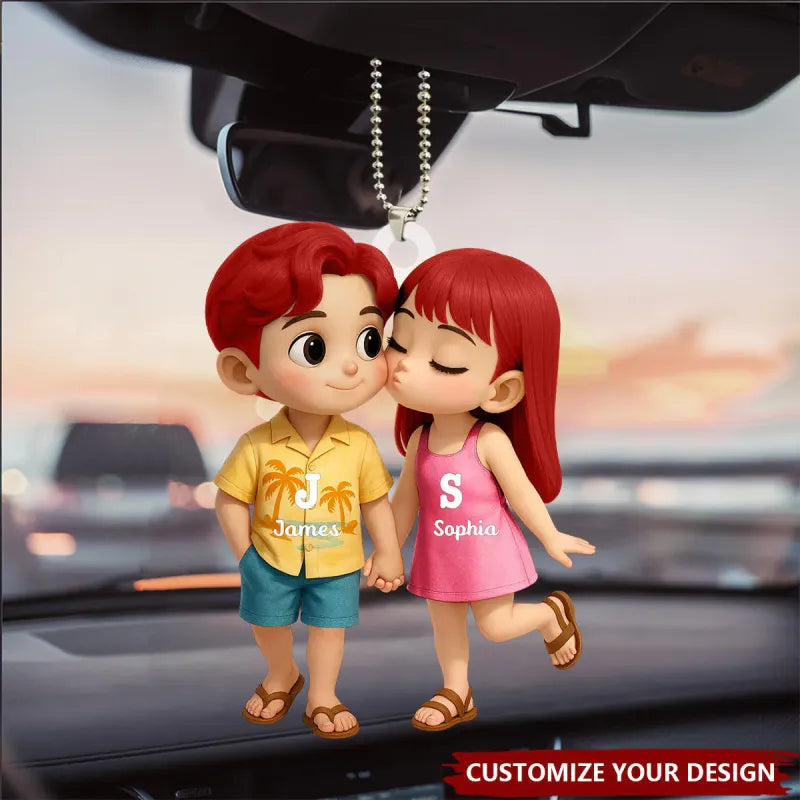 Personalized Name Hawaiian Style Acrylic Car Hanger Cute Couple Kissing Moment