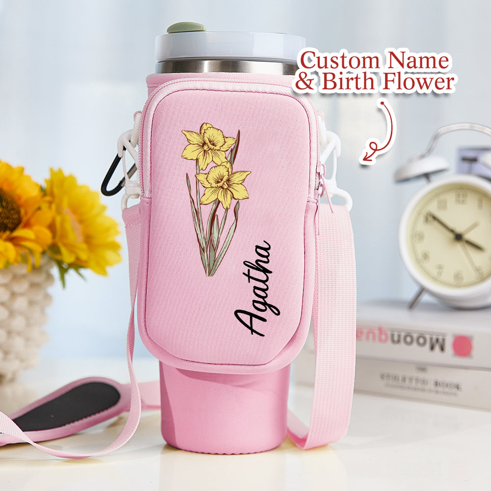 40oz  Personalized Birth Flower Waterproof Bottle Carrier Bag
