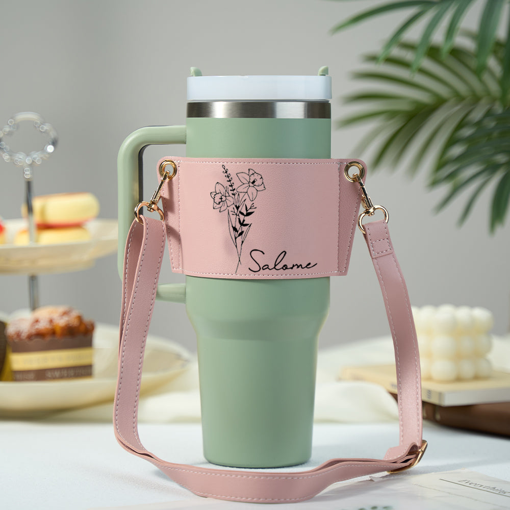 40oz Personalized Birth Flower Water Bottle Carrier Bag