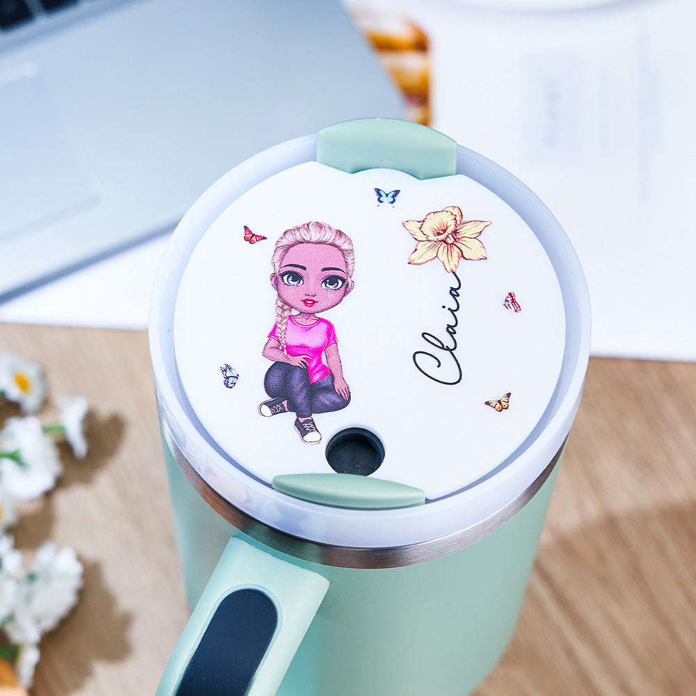 40oz Personalized Cartoon Girl Birth Flower Tumbler Name Tag Lid Topper