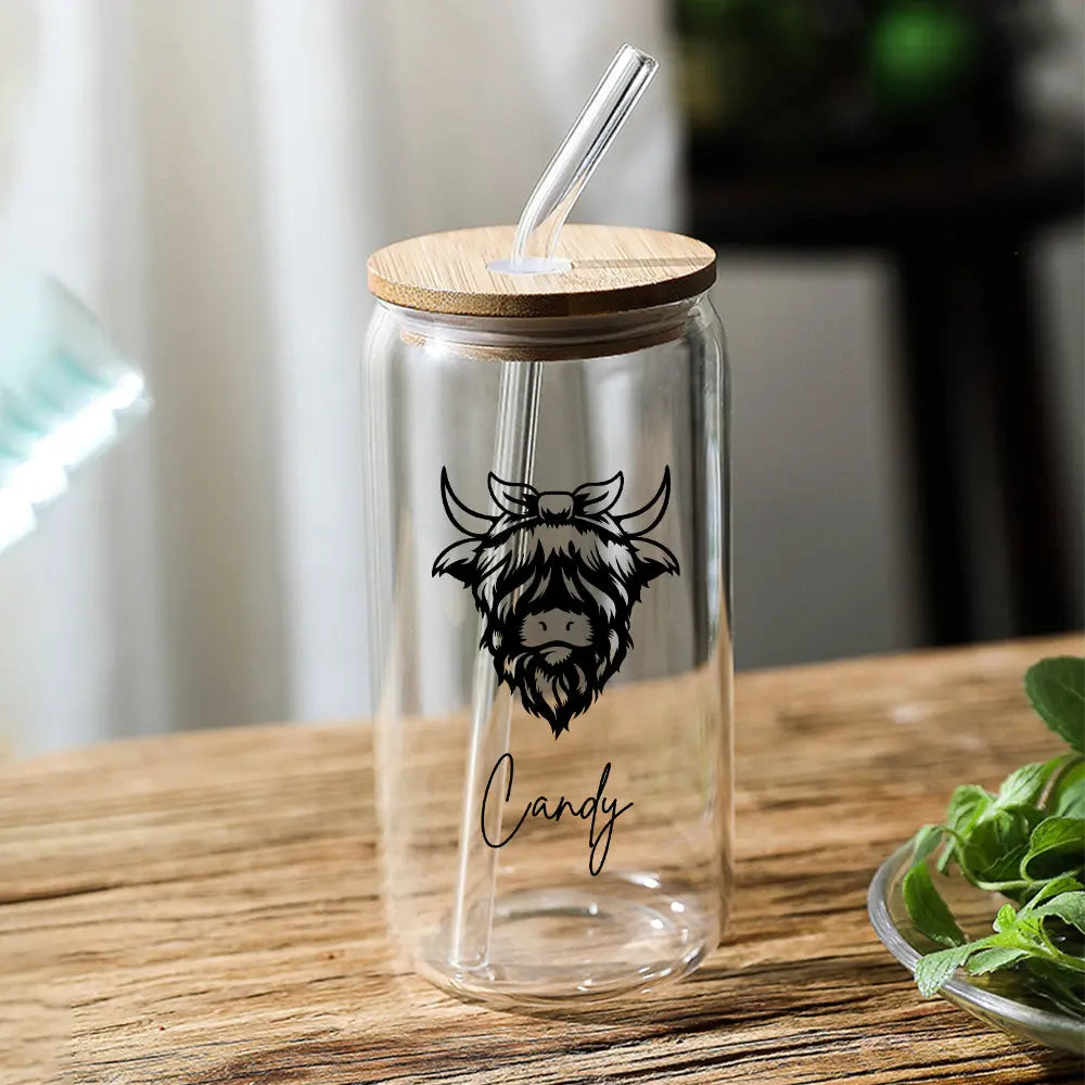 Personalized Highland Cow Tumbler with Name Clear Can Glass