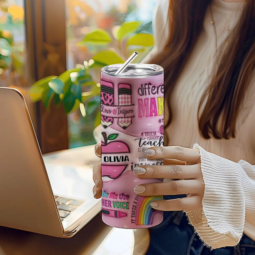 Personalized 3D Apple Pencil Design 20oz Skinny Tumbler Lid and Straw