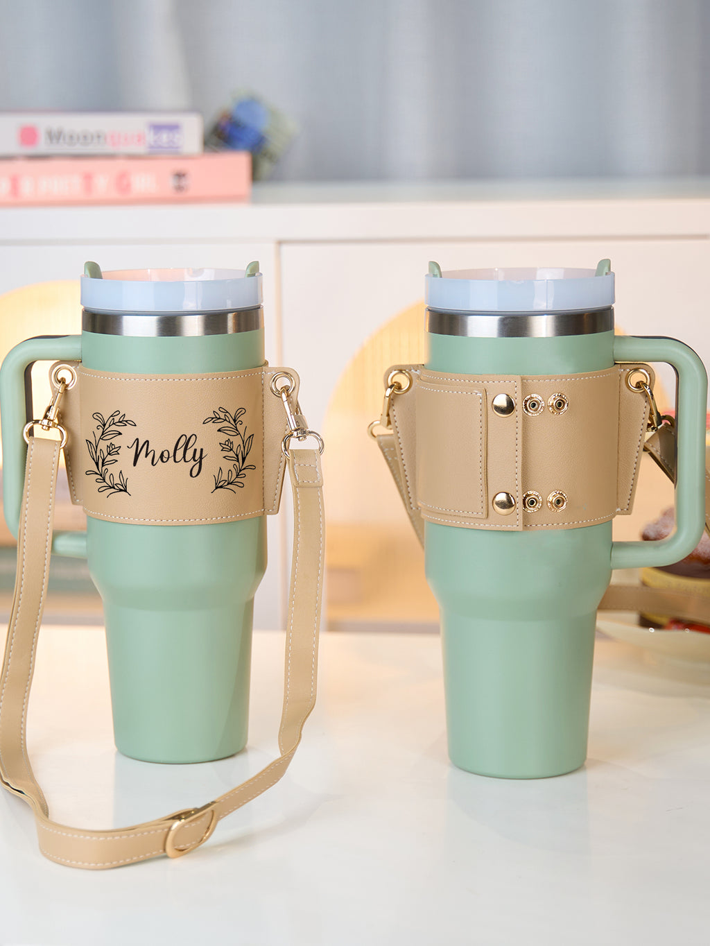 Custom Floral Pattern Water Bottle Carrier Bag with Adjustable Strap for 40oz Stanley Tumbler