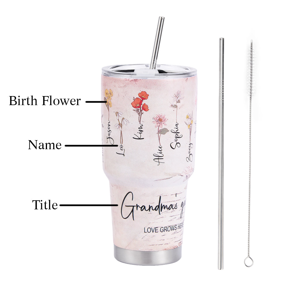 Custom 30oz Insulated Tumbler with Watercolor Birth Flower Name Text