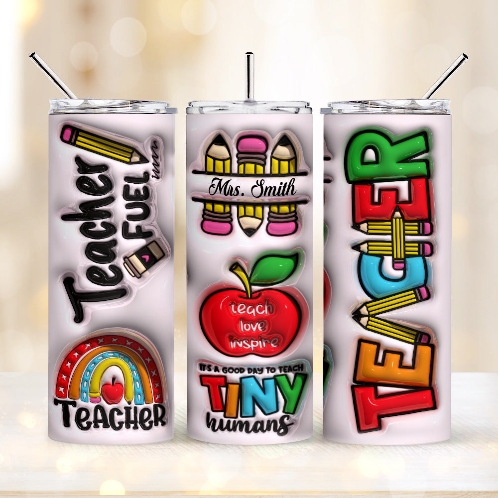 Personalized 3D Inflated Effect Apple Pencil Rainbow Design 20oz Skinny Tumbler Lid and Straw