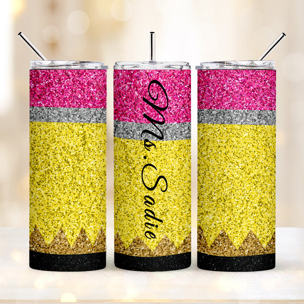 Personalized Glitter Apple 20oz Skinny Tumbler with Straw