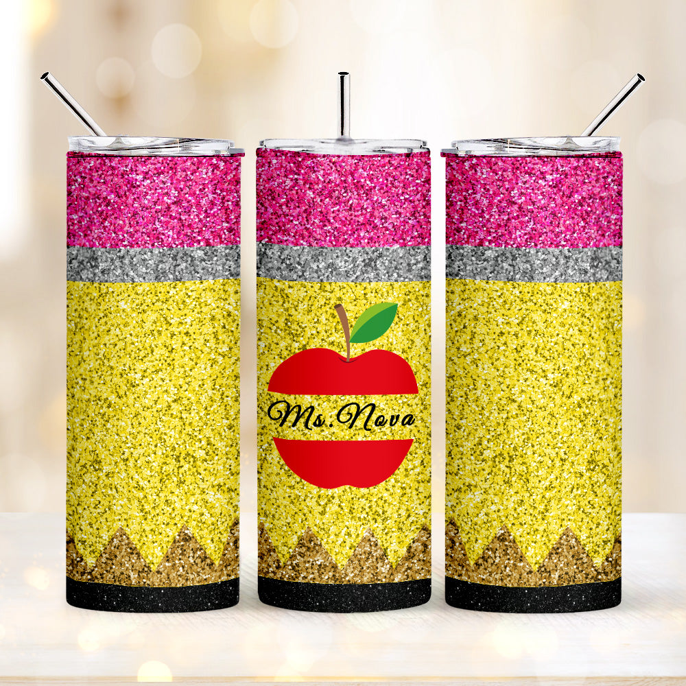 Personalized Glitter Apple 20oz Skinny Tumbler with Straw