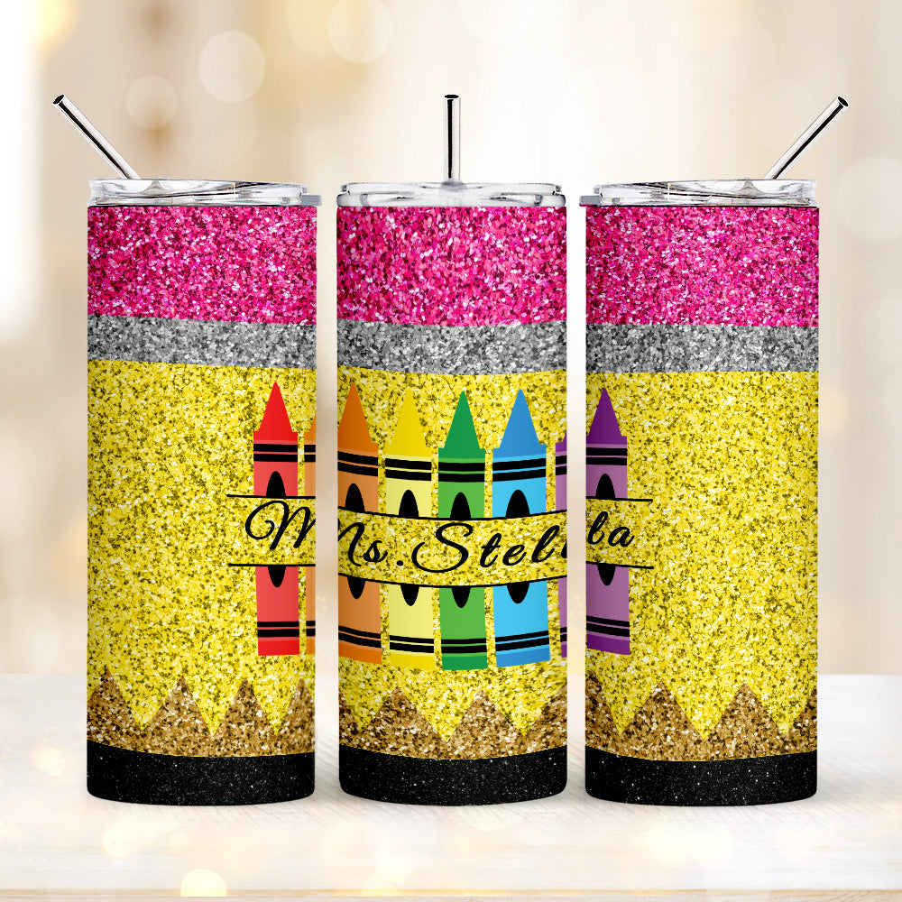 Personalized Glitter Apple 20oz Skinny Tumbler with Straw