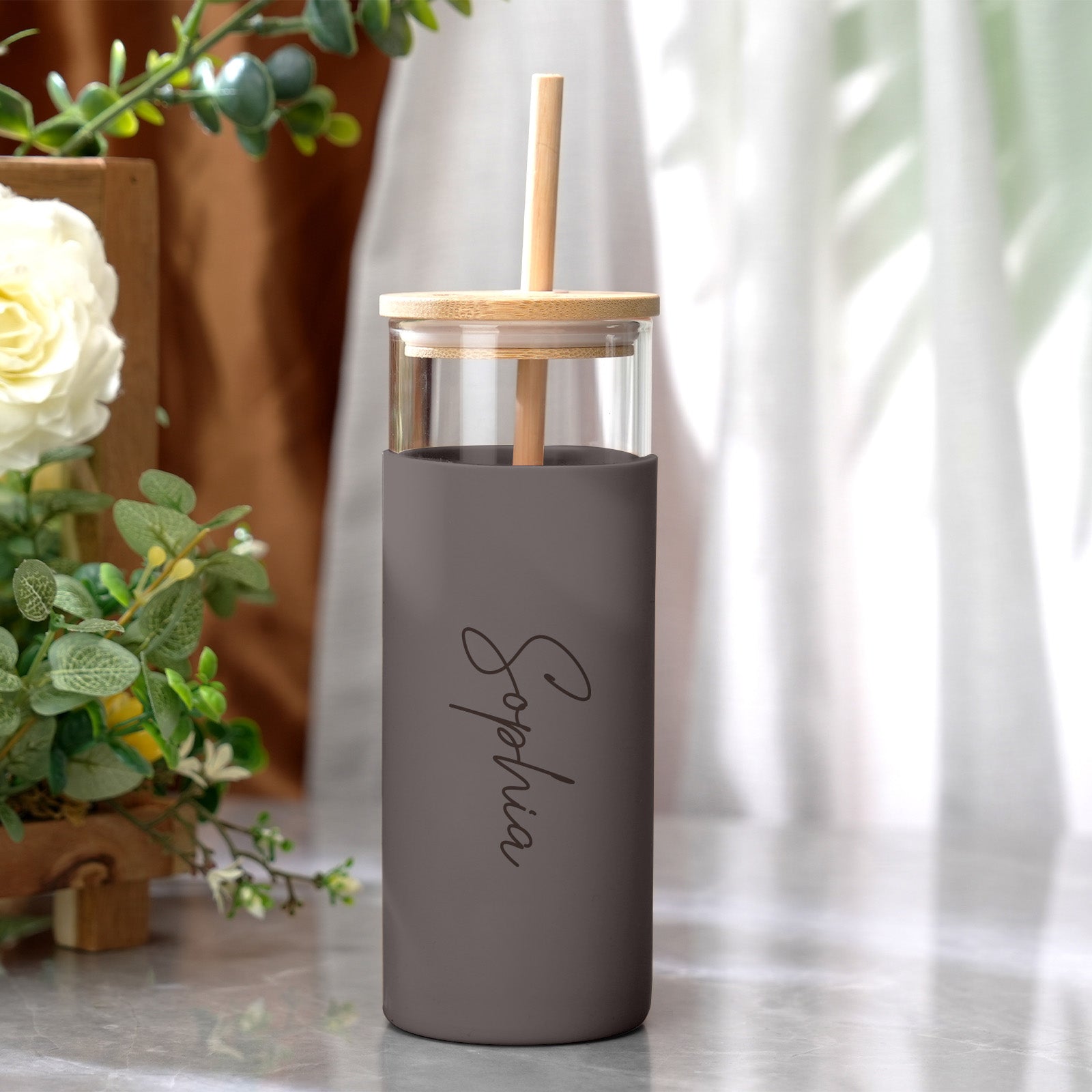 Personalized Name 17oz Glass Tumbler Coffee Tumbler with Engraved Wood Lid Silicone Case and Straw