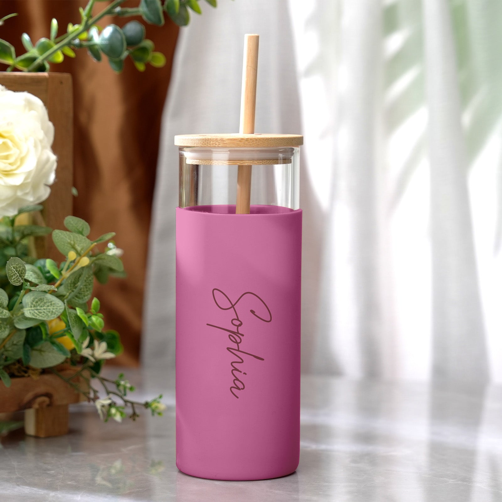 Personalized Name 17oz Glass Tumbler Coffee Tumbler with Engraved Wood Lid Silicone Case and Straw