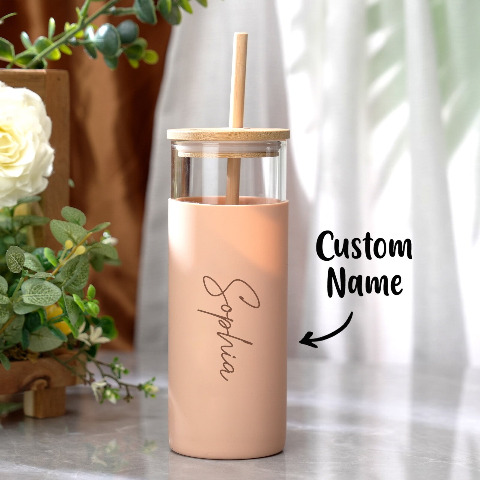 Personalized Name 17oz Glass Tumbler Coffee Tumbler with Engraved Wood Lid Silicone Case and Straw