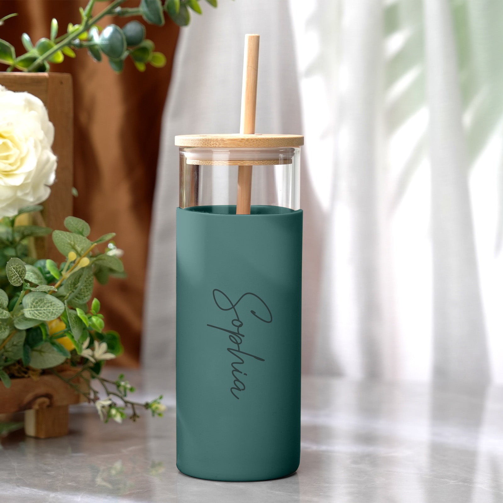 Personalized Name 17oz Glass Tumbler Coffee Tumbler with Engraved Wood Lid Silicone Case and Straw