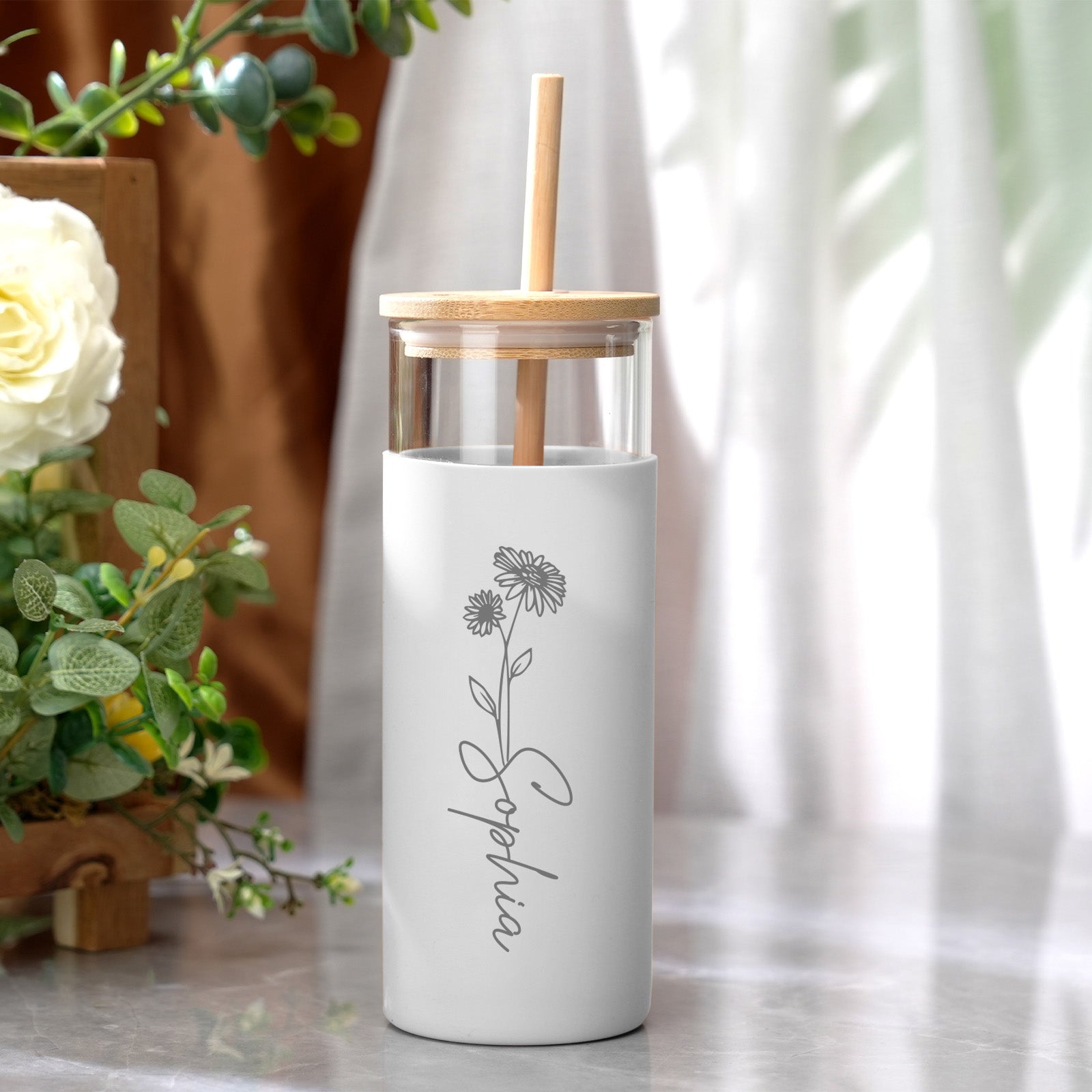 Personalized Name 17oz Glass Tumbler Coffee Tumbler with Engraved Wood Lid Silicone Case and Straw