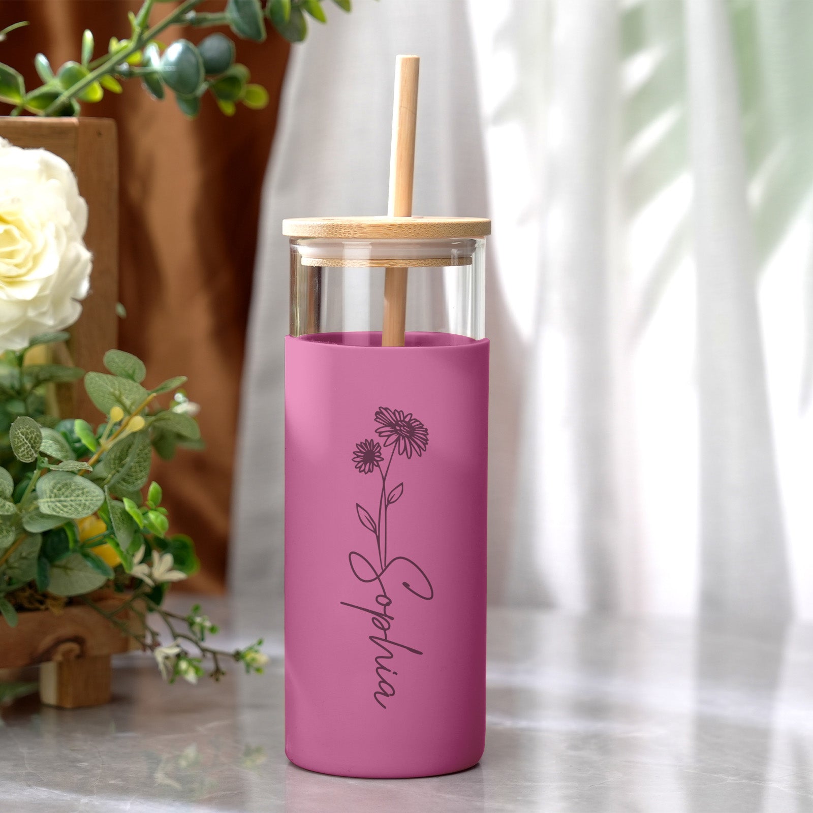 Personalized Name 17oz Glass Tumbler Coffee Tumbler with Engraved Wood Lid Silicone Case and Straw