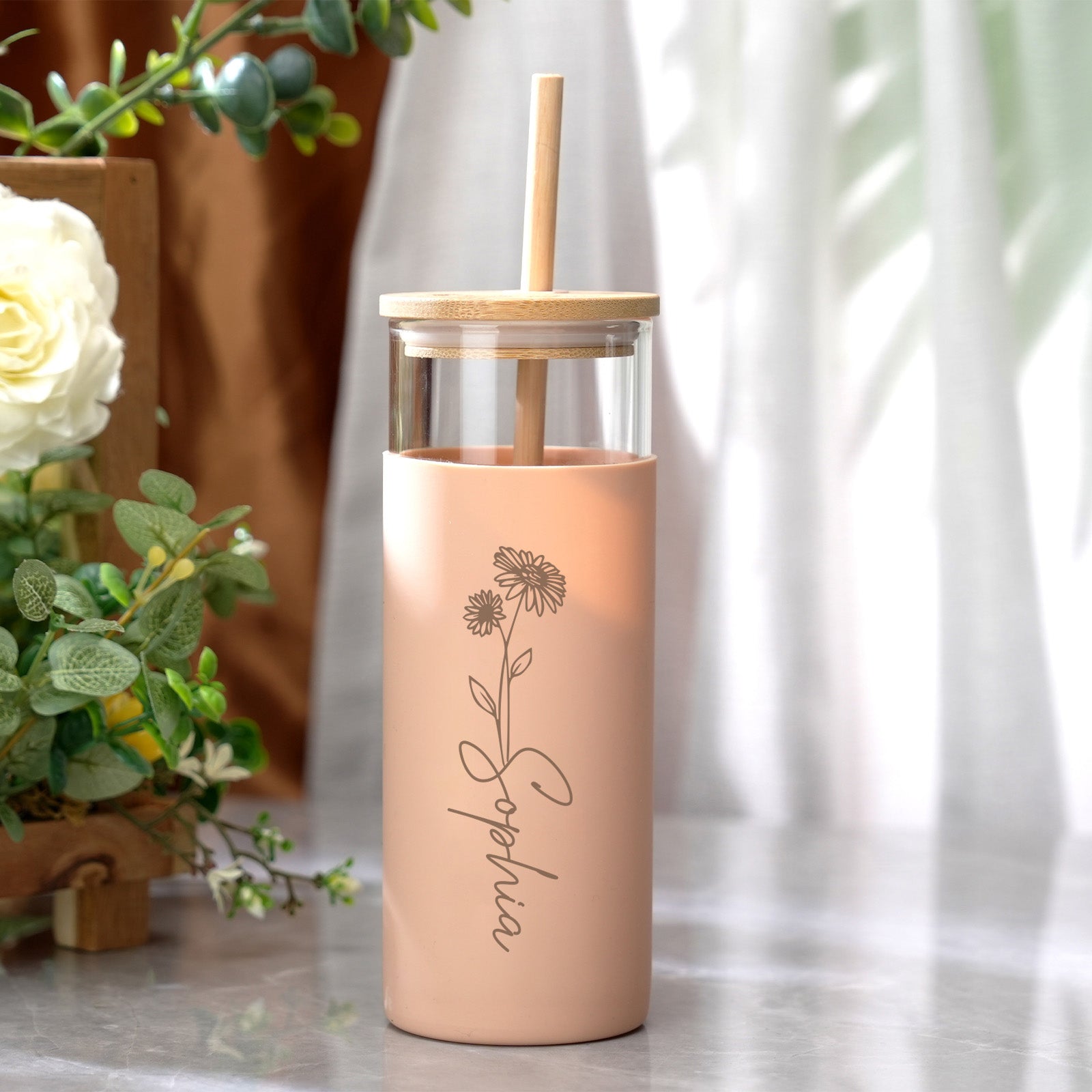 Personalized Name 17oz Glass Tumbler Coffee Tumbler with Engraved Wood Lid Silicone Case and Straw