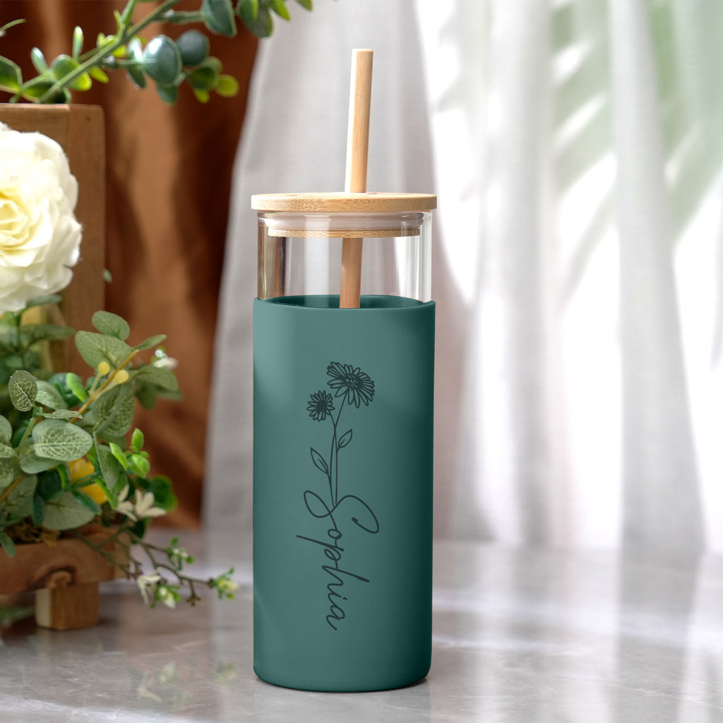 Personalized Name 17oz Glass Tumbler Coffee Tumbler with Engraved Wood Lid Silicone Case and Straw