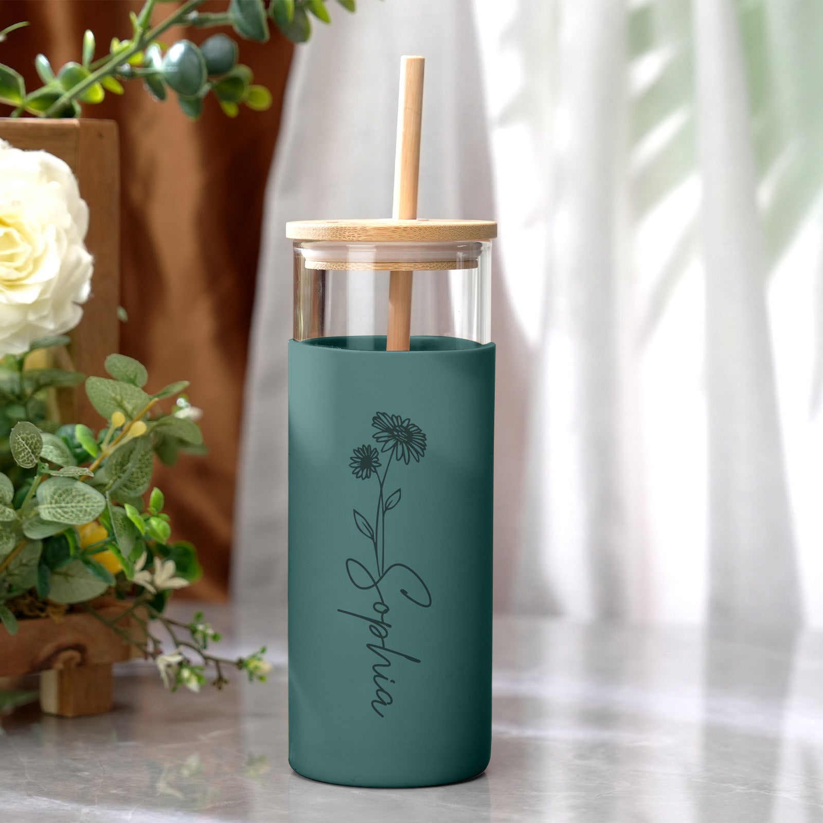 Personalized Name 17oz Glass Tumbler Coffee Tumbler with Engraved Wood Lid Silicone Case and Straw