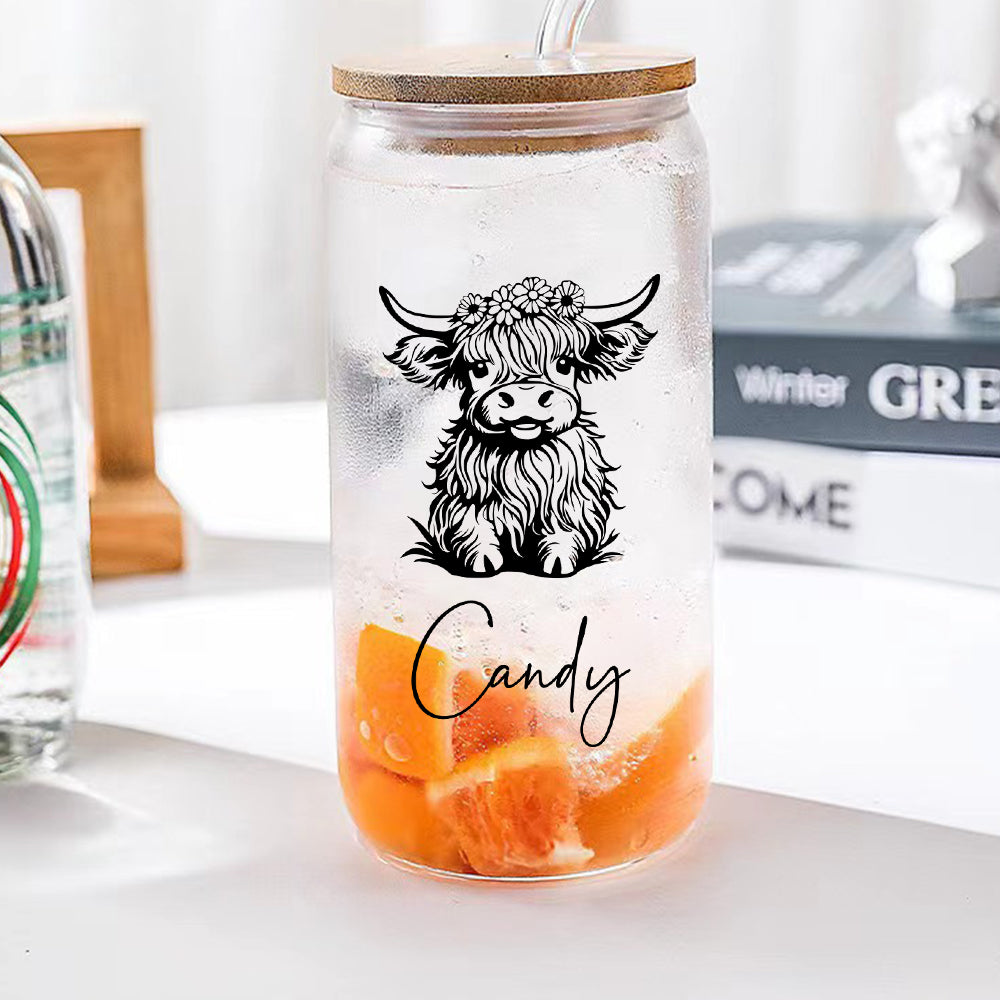 Custom Highland Cow Tumbler with Name Clear Can Glass