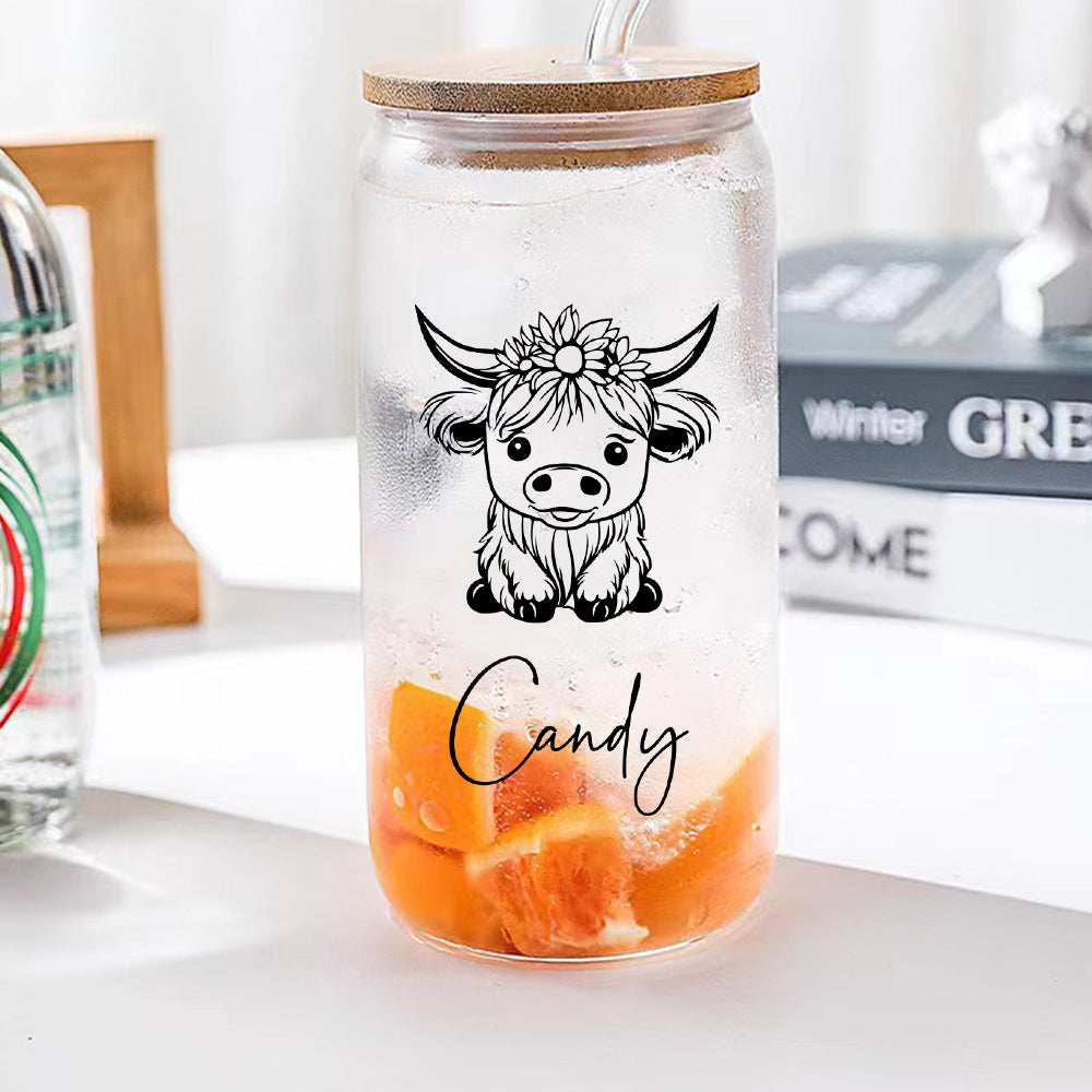 Custom Highland Cow Tumbler with Name Clear Can Glass