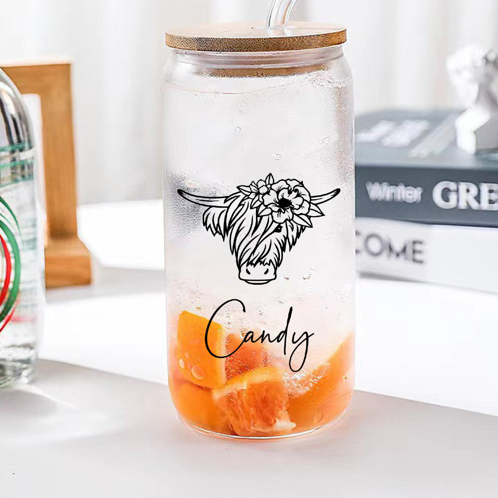 Personalized Highland Cow Tumbler with Name Clear Can Glass