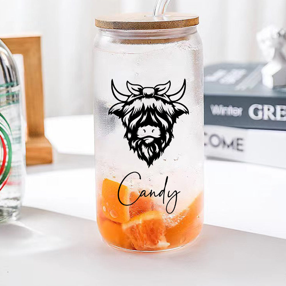 Personalized Highland Cow Tumbler with Name Clear Can Glass