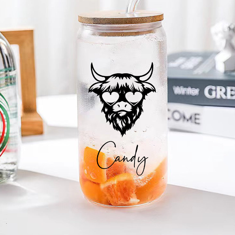 Personalized Highland Cow Tumbler with Name Clear Can Glass