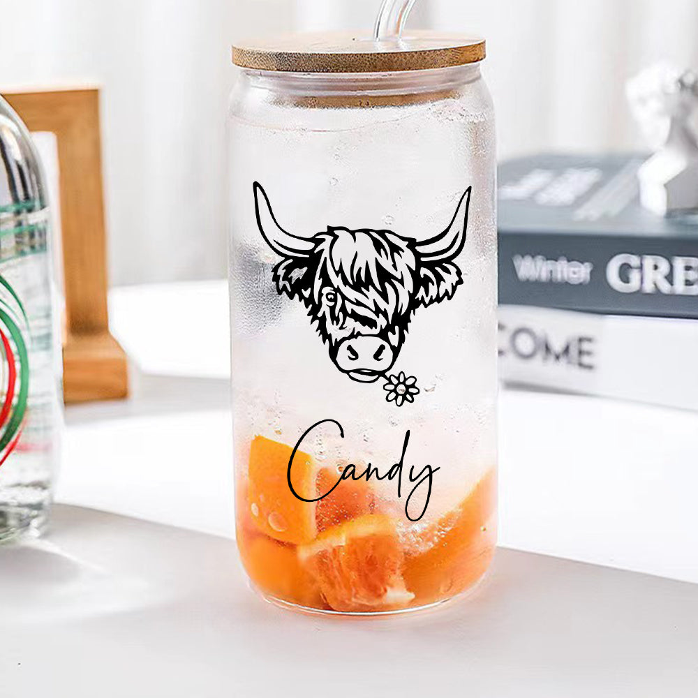 Personalized Highland Cow Tumbler with Name Clear Can Glass