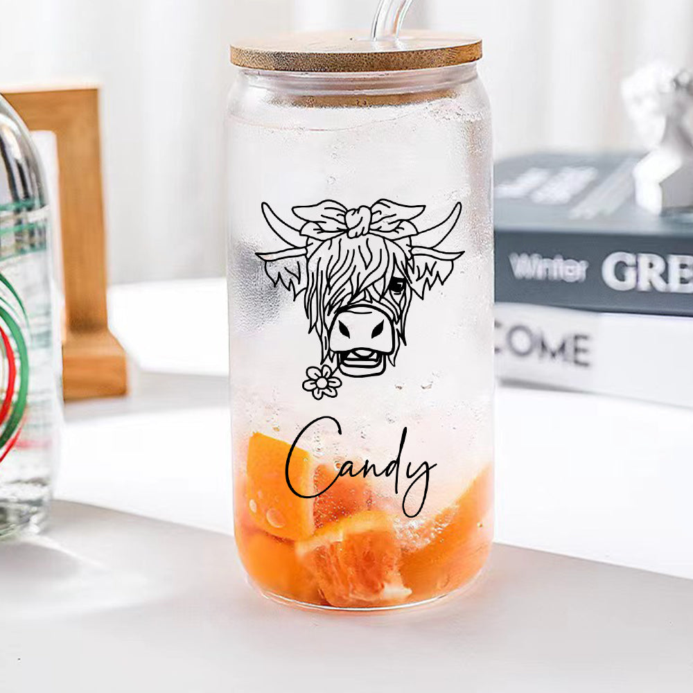 Personalized Highland Cow Tumbler with Name Clear Can Glass