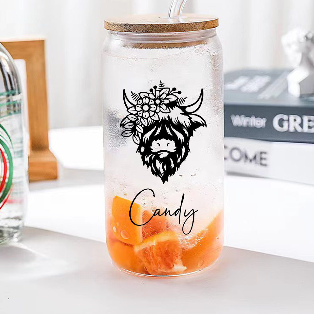 Personalized Highland Cow Tumbler with Name Clear Can Glass