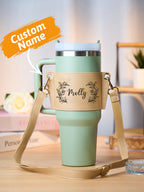 Custom Floral Pattern Water Bottle Carrier Bag with Adjustable Strap for 40oz Stanley Tumbler