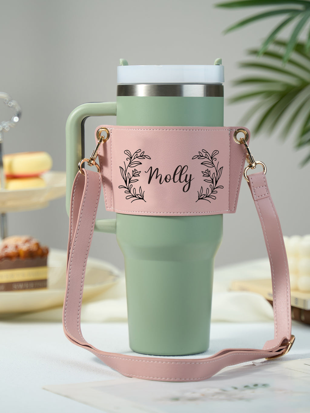Custom Floral Pattern Water Bottle Carrier Bag with Adjustable Strap for 40oz Stanley Tumbler