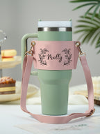 Custom Floral Pattern Water Bottle Carrier Bag with Adjustable Strap for 40oz Stanley Tumbler